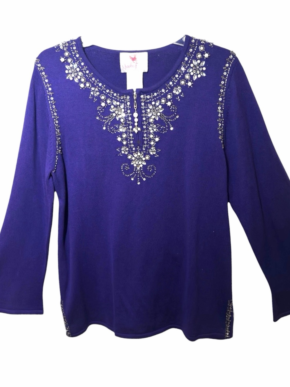 Quacker Factory purple long-sleeve top elaborate rhinestone, faux  crystal SZ M